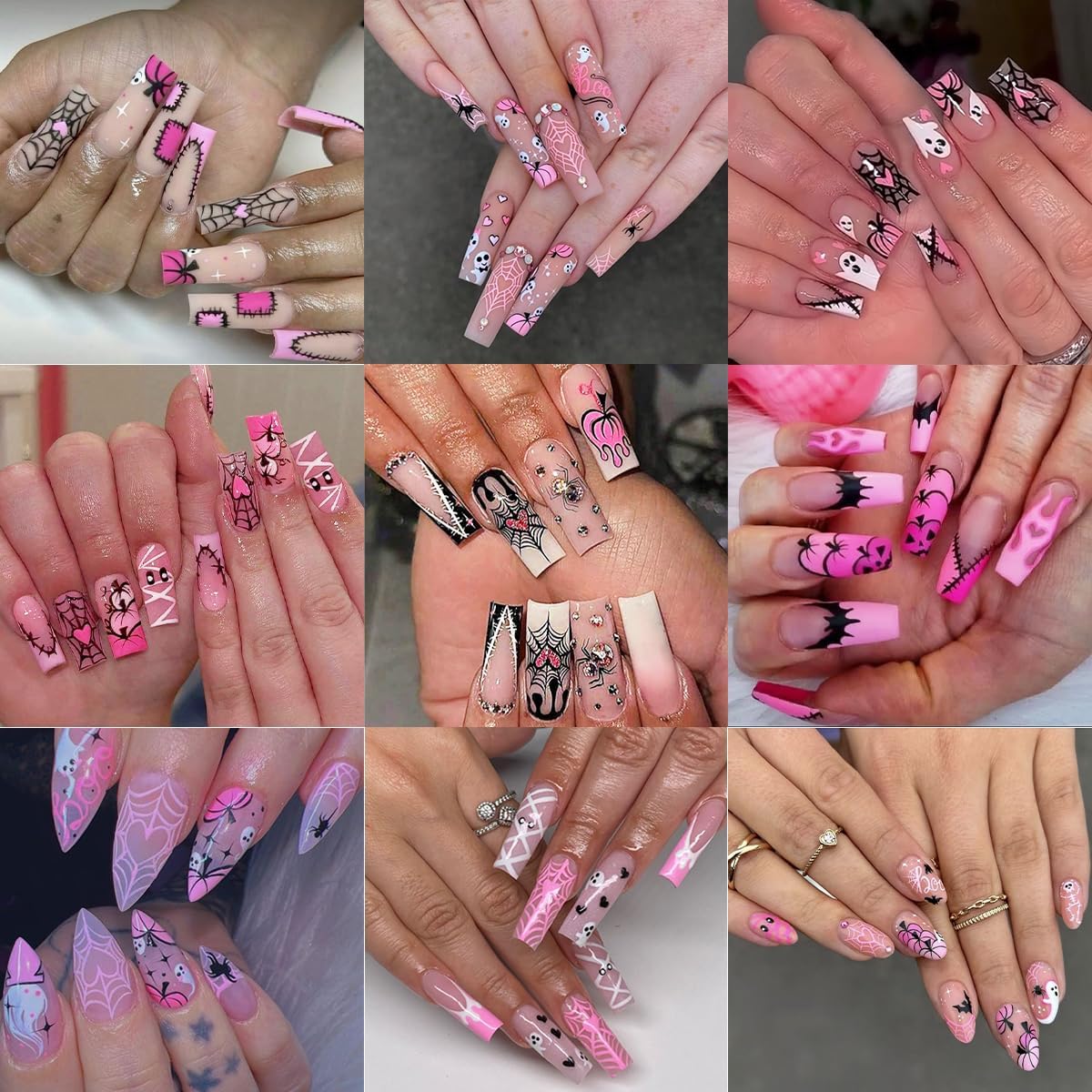 6 Sheets Halloween Nail Art Stickers Decals Pink Glitter Pumpkin Heart Bow Spider Nail Decals 3D Self-Adhesive Ghost Spider Web Skull Nails Stickers Cute Halloween Nails Art Supplies for Women Girls