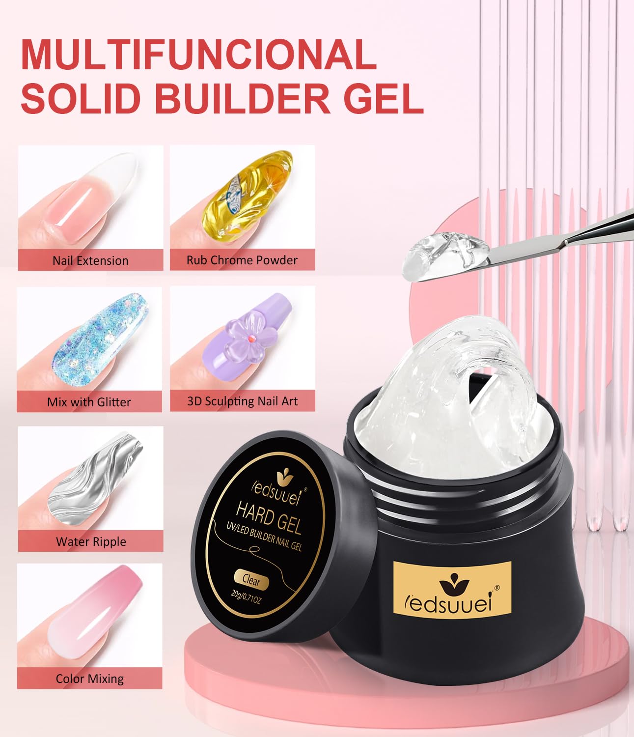 Solid Sculpting Builder Gel LEDSUUEI - Clear Nail Extension Gel, Non-Sticky Hard Gel for Nails, Nail Strengthen 3D Molding Builder Nail Carving Glue Kit for Beginners 20g