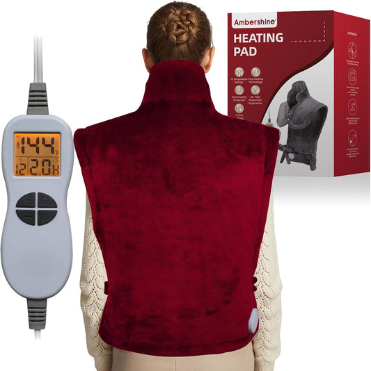Ambershine 26"x35" XXXL King Size Neck& Shoulder& Back Heating Pad with 12 Temperature Settings& 4 Auto-Off Countdown Timers, Pain Relief for Back/Neck/Shoulder, Christmas Gift for mom dad (Red)