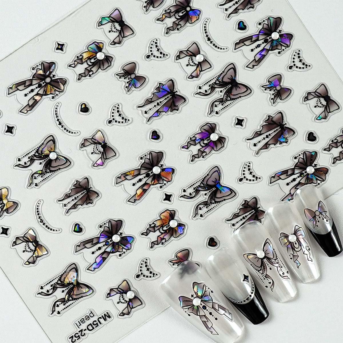 Aurora Bow Nail Art Sticker 3D Self-Adhesive Bowknot Nail Decals Designs Holographic Bow Nail Cute Supplies Sticker or Women Acrylic Nail Art Decoration DIY 1Sheet