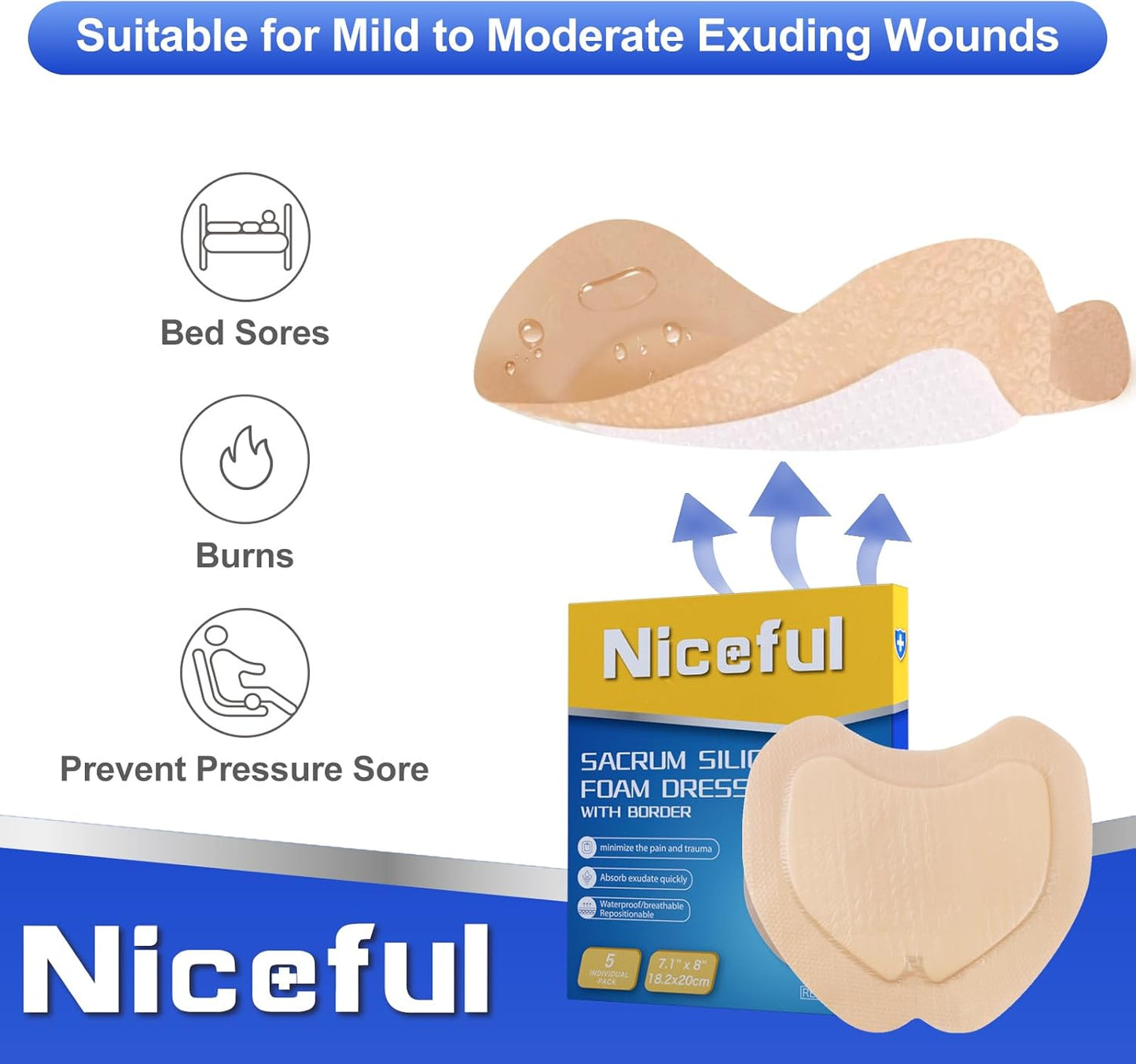 Sacral Foam Dressing 7.1" x 8", Sacrum Silicone Foam Dressing with Border, Bed Sore Bandages Large Wound Care Pads (5 Count)