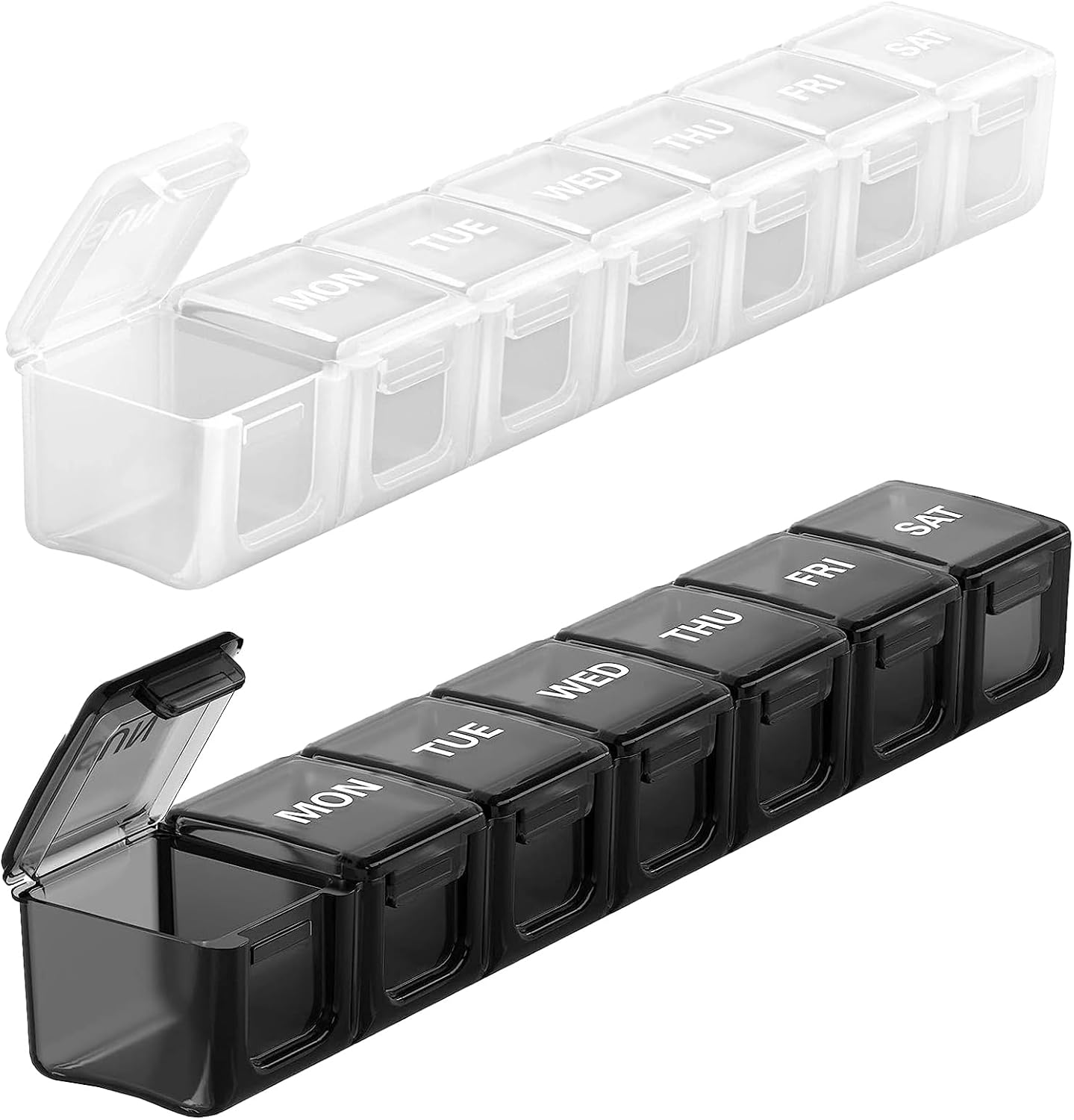 Sukuos Extra Large Weekly Pill Organizer 2 Pcs, Easy to Open Daily Pill Box 7 Day Medicine Cases for Vitamin, Fish Oils or Supplements (Black&White)