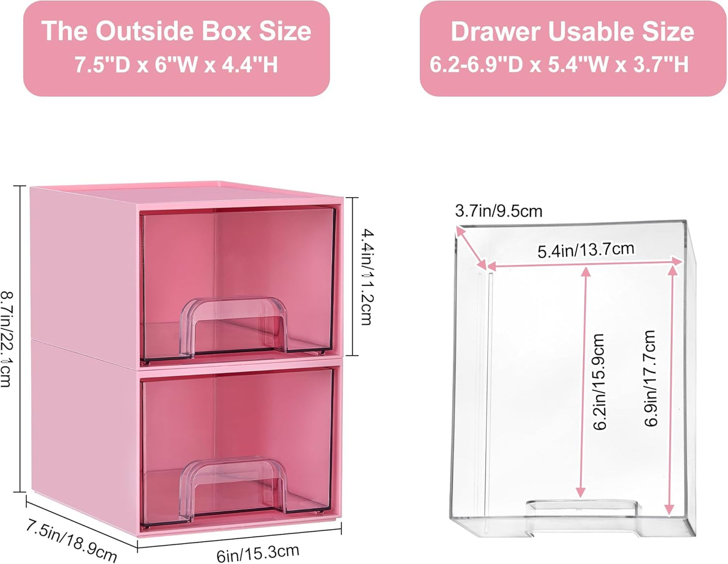 Vtopmart 4Pack Stackable Storage Drawers, 4.4'' Tall Bathroom Makeup Organizer,Plastic Storage Bins For Vanity, Undersink, Kitchen Cabinet, Pantry, Home Organization(Pink)