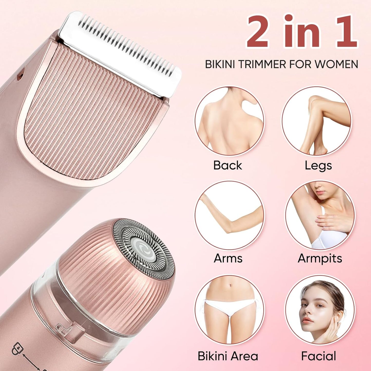 2 in 1 Women Electric Shaver Dual Head Bikini Trimmer for Women IPX7 Waterproof Wet & Dry Use Body Hair Trimmer and Facial Hair Remover for Bikini Underarm Leg Arm Body Face