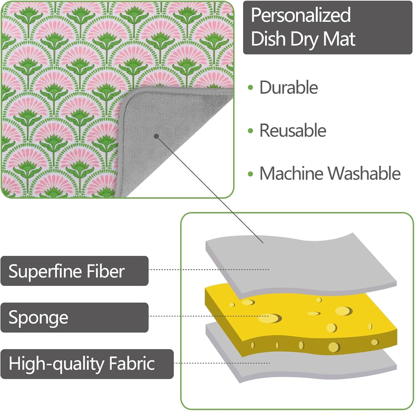 SHIYUE Dish Drying Mat for Kitchen Counter Super Absorbent Spring Kitchen Decor Microfiber Drying Matainers Rack Fast Pad Dish Drainer Mats(Bohe Flower,18''x24'')