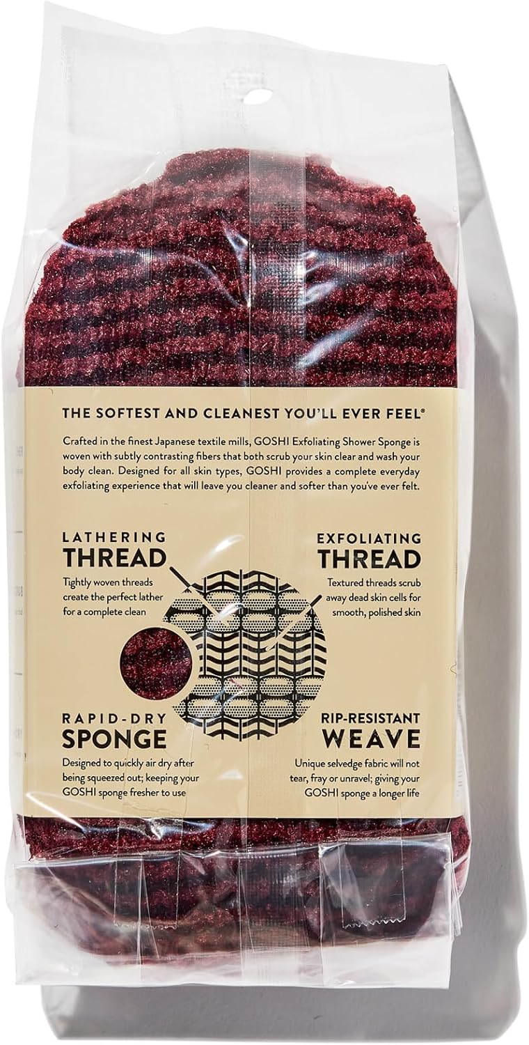 GOSHI Exfoliating Shower Sponge - Rip-Resistant, Rapid-Drying Exfoliating Bath Sponge for All Skin Types - Brick Red - Made in Japan
