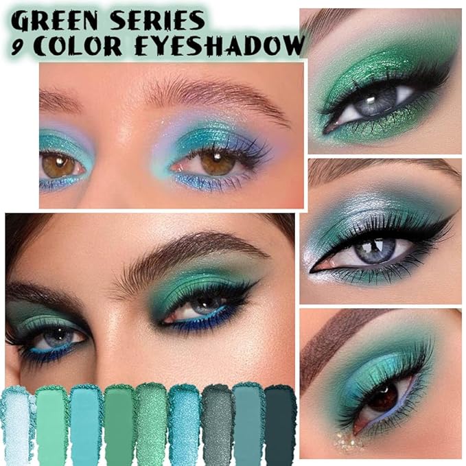 9Colors Green Avocado Color Colorful Bright Eyeshadow Palette Makeup,Highly Pigmented Matte Sparkle Eye Shadow Palette Long Lasting Waterproof Blendable,Emerald Bright Eyeshadow Palette