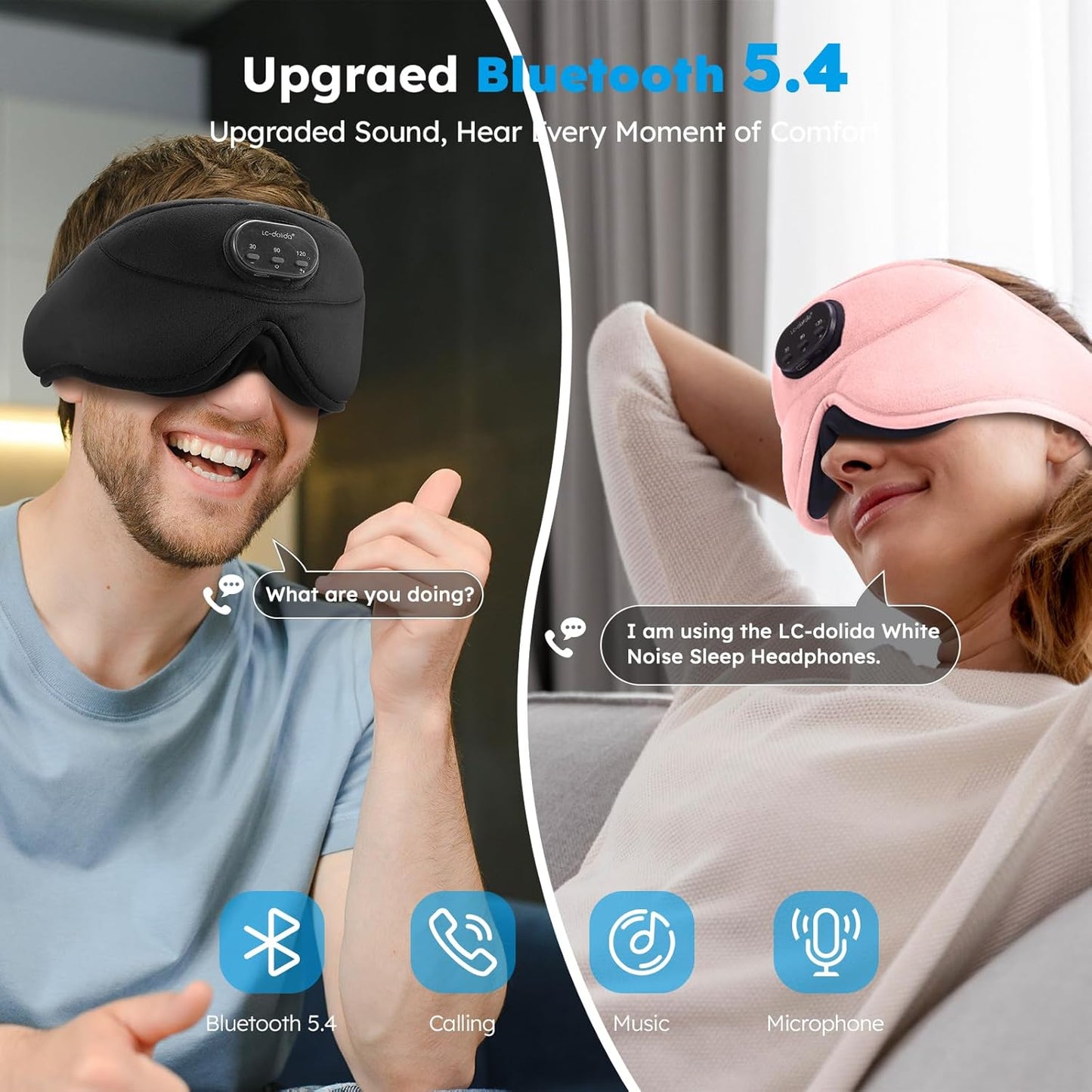 LC-dolida White Noise Sleep Mask, 3D Sleep Headphones with 16 Soothing Sounds, Bluetooth 5.4 Sleep Eye Mask with Timer, Total Blackout Sleeping Headphones for Side Sleeper(Pink)