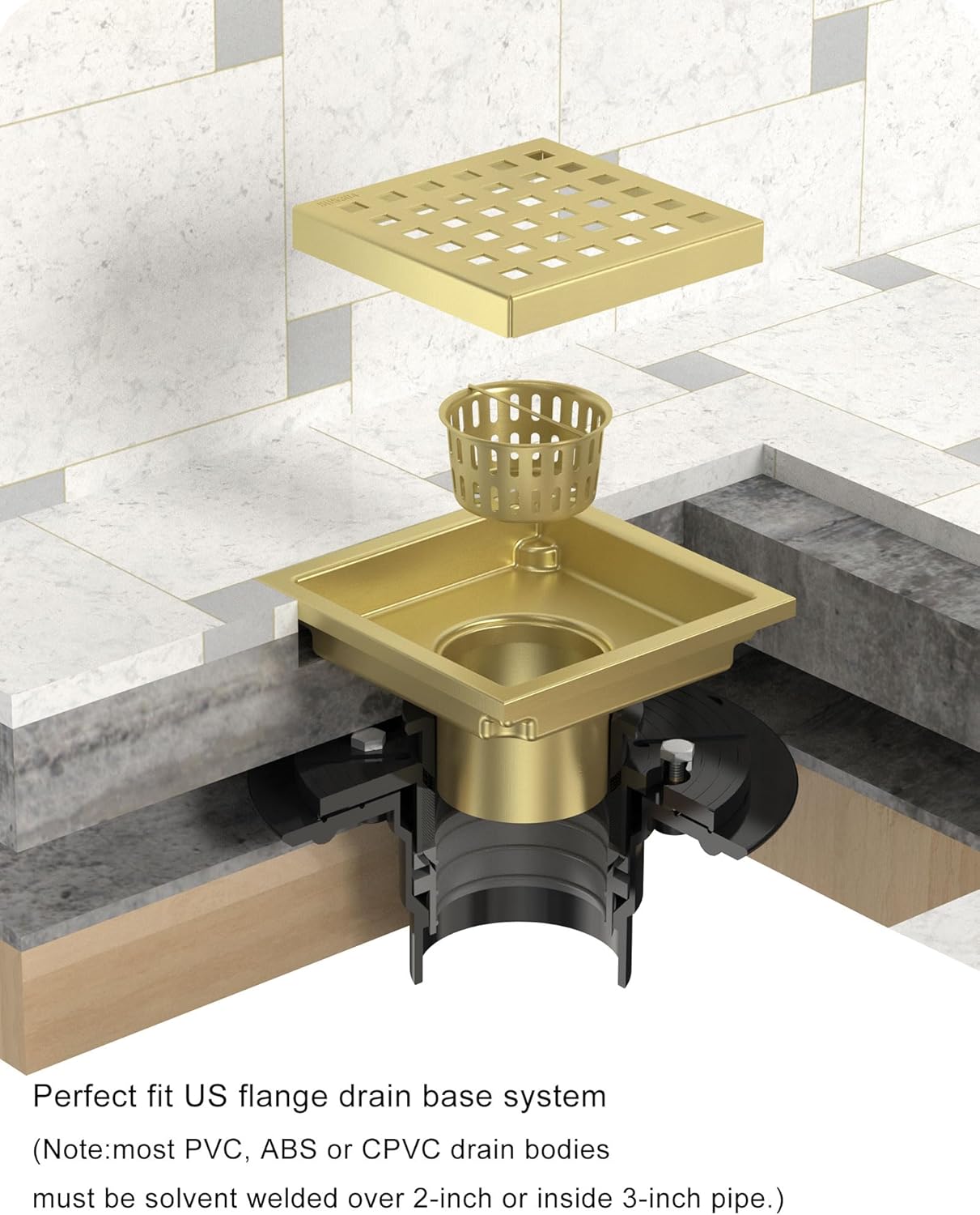 6 Inch/4 Inch Square Shower Drain SUS304 Stainless Steel Bathroom Floor Drain Strainer, Hair Catcher, Anti-Clog, Rust-Resistant, Fast Drainage (Brushed Gold)