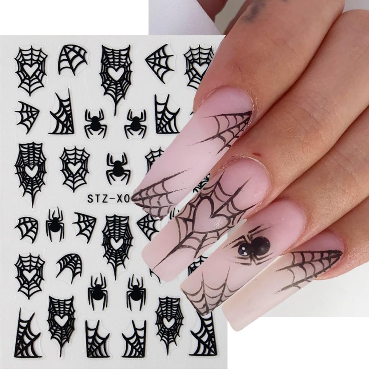 Halloween Nail Stickers Black Nail Decals Self-Adhesive Nail Art Stickers Spider Web Heart Star Moon Bat Design Spider Nails Sticker for Nails Art Decor Holiday Party Manicure for Women 8 Sheet