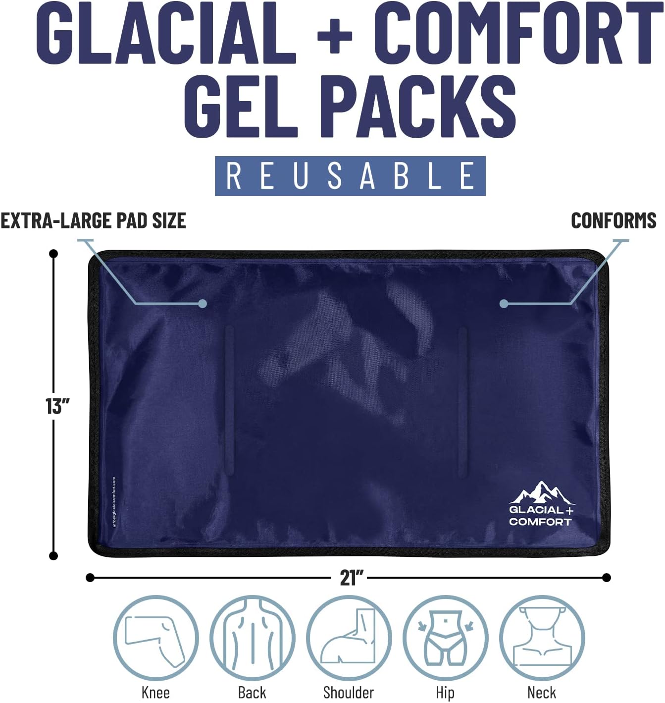 Glacial Comfort Gel Ice Pack for Back Pain - (21" x 13") Reusable Cold Pads for Hip, Knee, Shoulder Injuries, Muscle Strains, Migraine & Postpartum Recovery - Compression Pad