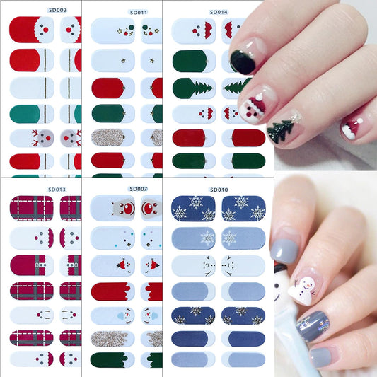 Christmas Nail Polish Strips Cute Snowman Gel Nail Stickers Xmas Trees Santa Claus Elk Glitter French Nail Design Decals Snowflakes Gel Nail Strips Full Wrap Christmas Stickers for Winter Nail Decor