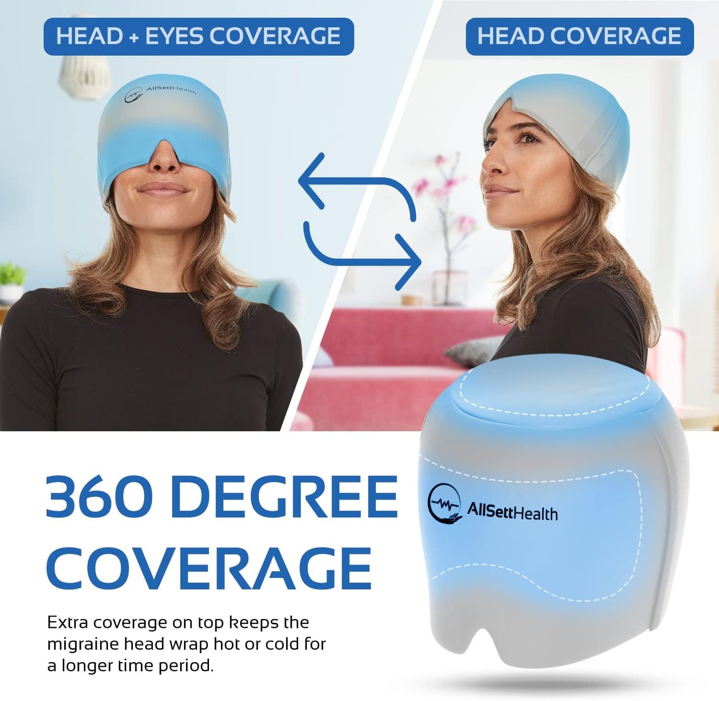 Migraine Relief Cap Ice Head Wrap Headache and Migraine Hat | Headache Relief with Hot/Cold Gel Head Ice Pack with Face and Eye Headache Mask Compress - Grey