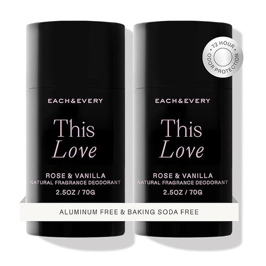Each & Every Aluminum Free Deodorant for Women & Men, Rose & Vanilla - All Natural Deodorant for Sensitive Skin, EWG Verified - Clean, Baking Soda-Free, Plant-Based Fragrance - 2.5oz, 2 Pack
