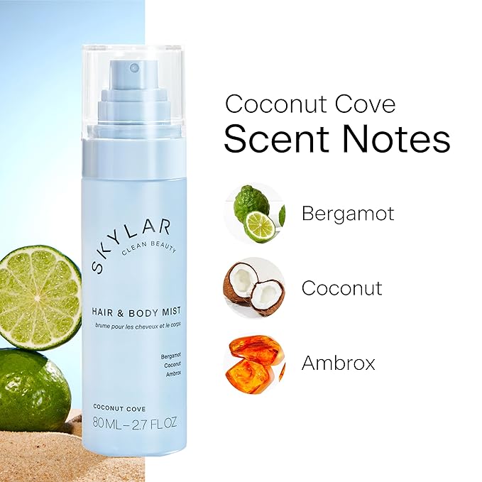 Skylar Coconut Cove Hair & Body Mist | Hypoallergenic & Clean Fragrance | Vegan, Cruelty Free, and Safe For Sensitive Skin | 80 ML, 2.7 Fl Oz