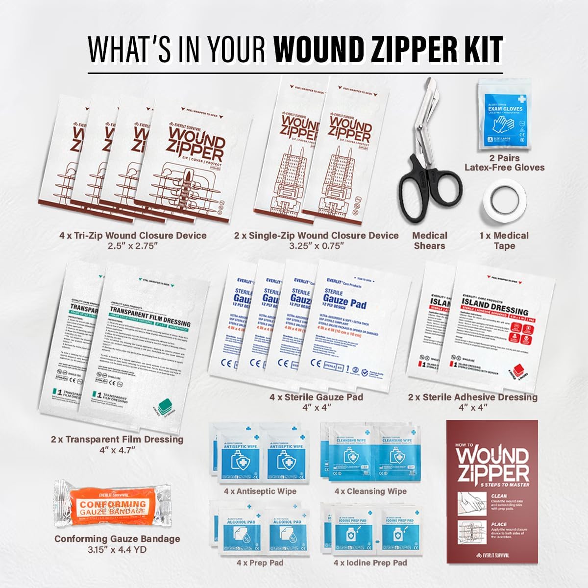 EVERLIT Wound Closure Kit | Surgical Zip-Stitch Devices for Cut & Laceration | Sterile, Suture-Free, Stitch-Less Adhesive Butterfly Bandages for Emergency First Aid Wound Care (6 Zip Complete Kit)