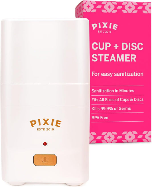 Pixie Menstrual Cup Steamer Sterilizer Cleaner - Wash Your Cup + Kill 99.9% of Germs with Cleanser Steam - 3 Minutes and Your Period Cup is Sterile! Automatic Timing Shut Off Switch (White)