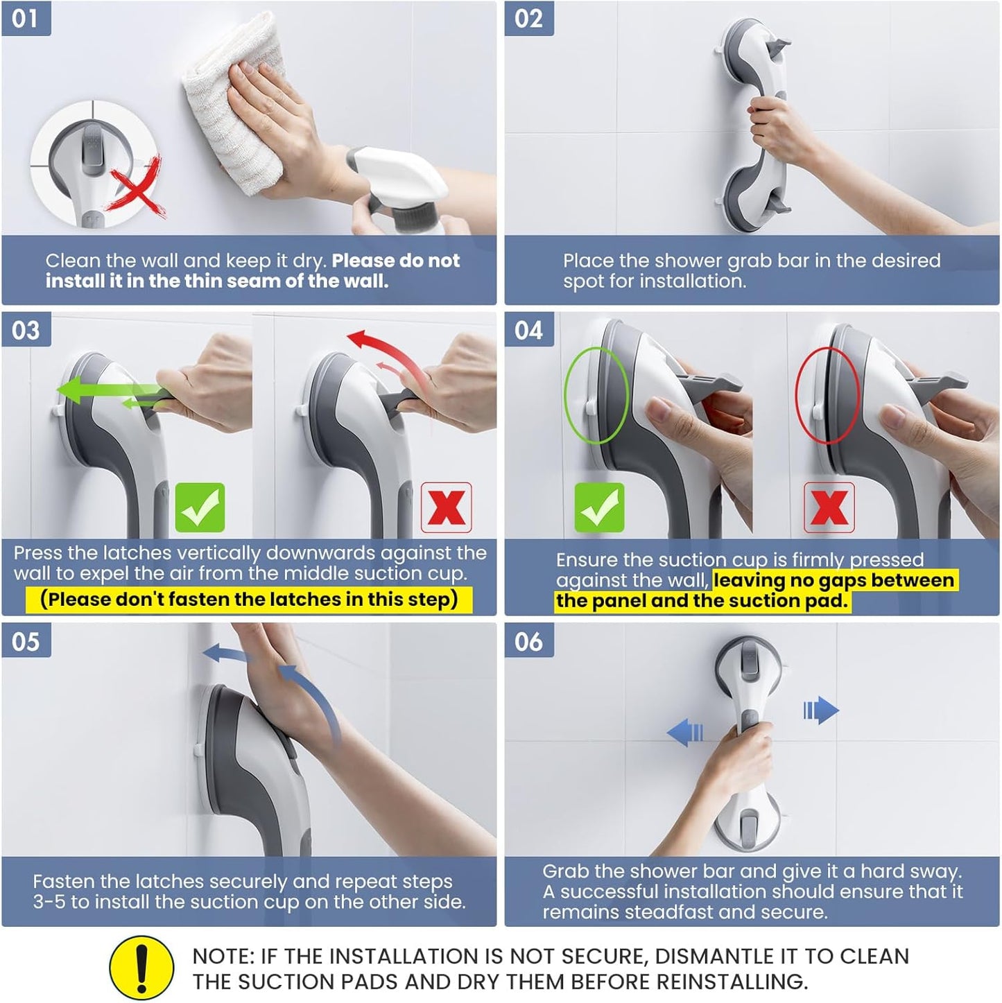 Grab Bars for Bathtubs and Showers 2 Pack Glow in The Dark, 12 inch Suction Grab Bar, Shower Handle Safety Grip Handrail for Seniors and Elderly, Removable Waterproof No Drilling, Grey