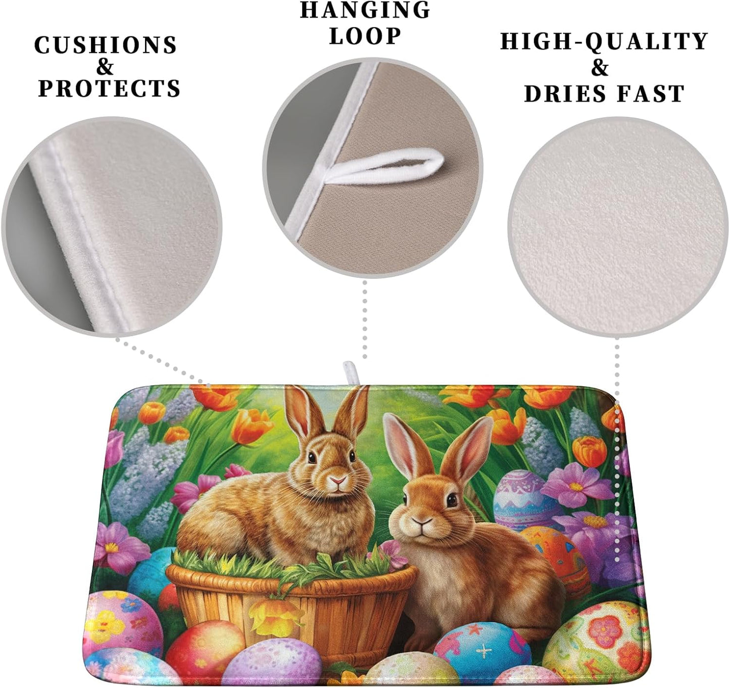 Easter Bunny Eggs Dish Drying Mat for Kitchen Counter, Tulip Floral Flower Drying Mat Spring Summer Holiday Dish Mat Drying Kitchen Mat Absorbent Kitchen Drying Mat for Sink 16x18Inch