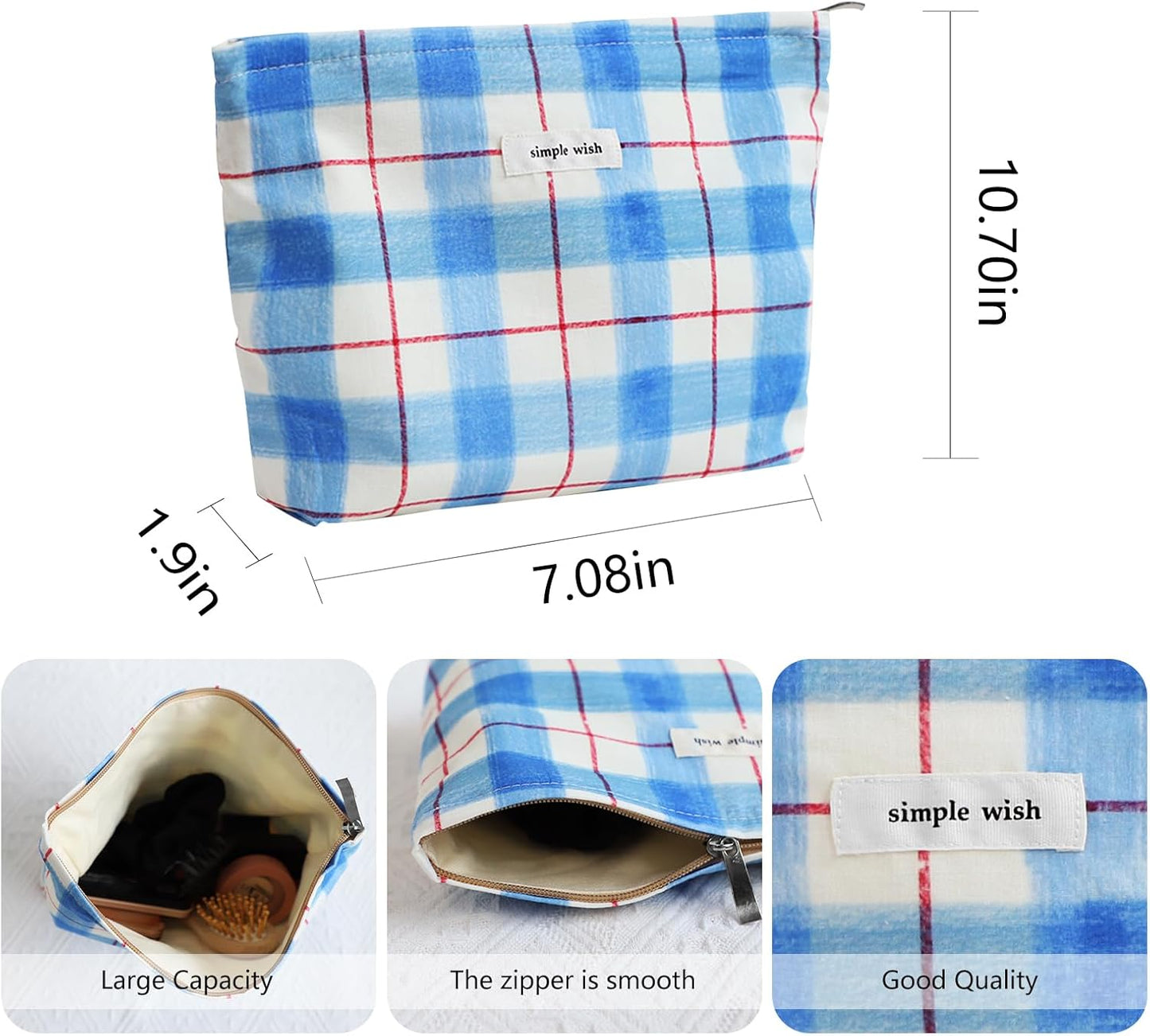 Wudygirl Makeup Bag Canvas Cosmetic Bag for Women Aesthetic Make up Organizer Travel Makeup Pouch Toiletry Bag Cute Zipper Pouch Handbag (Blue White Line)