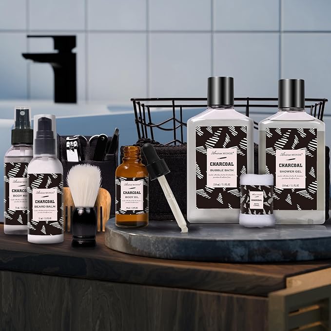 Valentines Day Gifts for Men Spa Gifts for Men, Charcoal Bath and Body Gift Set for Men, 10 Pcs Spa Kits Ideal Birthday, Christmas. Men's Relaxation Bath Baskets, Self Care Kit