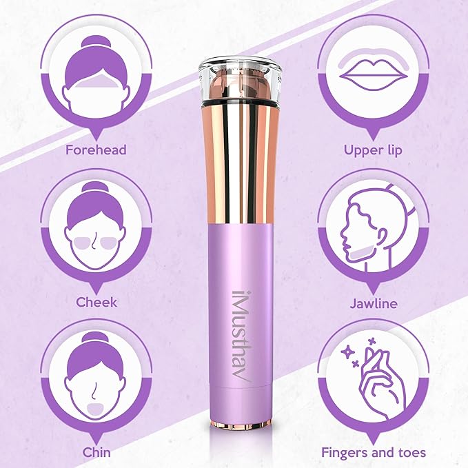 Mini Portable Facial Hair, Lips and Chin Remover Trimmer for Women, Facial Painless Epilator Pen, 18K Gold-Plated 13mm Hypoallergenic Rotary Head. 360° LED Light for Instant and Painless Hair Remover