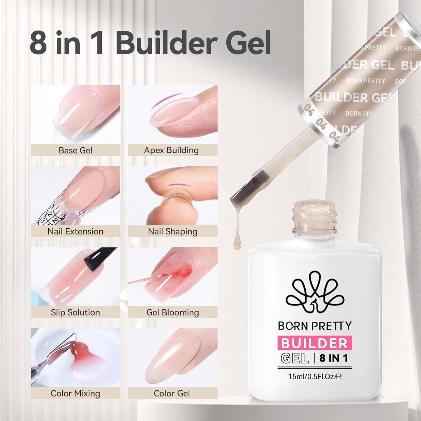 BORN PRETTY Builder Gel for Nails, 8-in-1 Extension Gel Strengthener Gel Hard Builder Nail Gel Base Top Gel, Natural Nude Gel Builder Rhinestone Nail Glue Gel in A Bottle 15ML