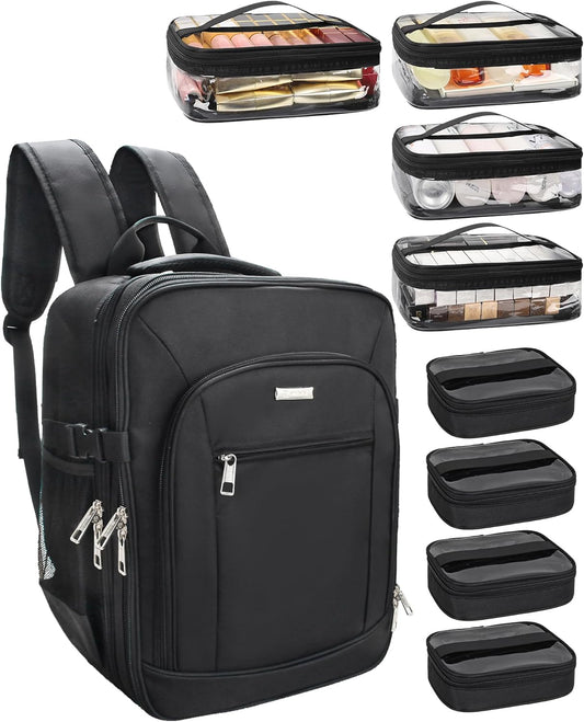 Makeup Backpack Professional Makeup Artist Bag Extra Large Cosmetic Bags with 8 Small Bags Double-Layer Travel Cosmetic Train Case Storage Organizer with Adjustable Divider