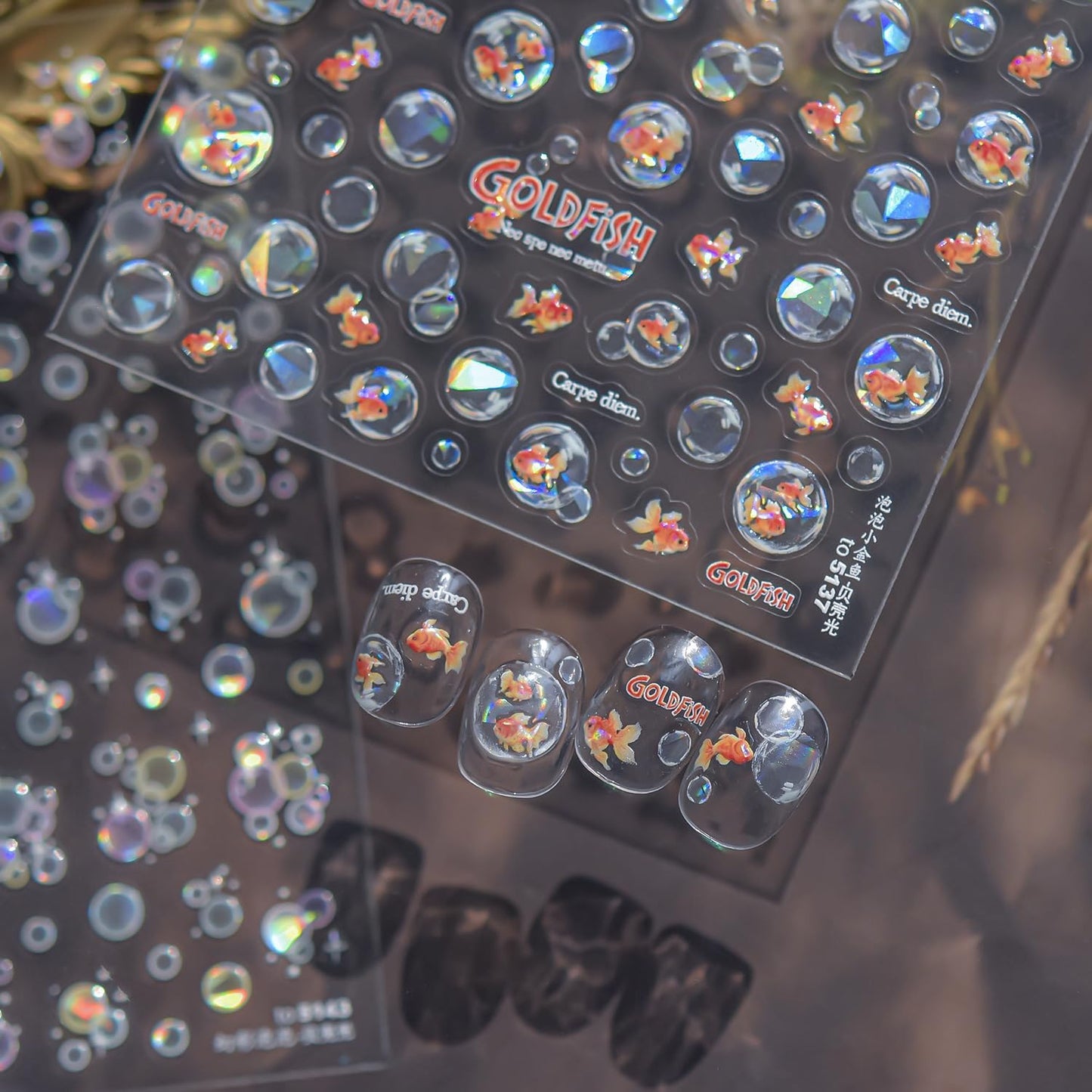 Goldfish Nail Art Stickers Sparkly Koi Fish Nail Stickers 5D Embossed Bubbles Chinese Style Manicure Decals Accessories Shell Light Goldfish Adhesive Slider for Women DIY Nail Art Decorations