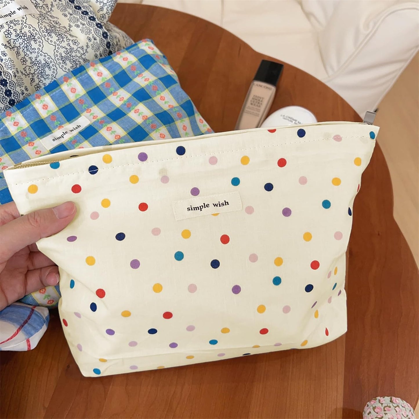 Wudygirl Large Capacity Makeup Bag Travel Cosmetic Bag Cute Make up Organizer for Women Aesthetic Canvas Makeup Pouch Toiletry Bag Zipper Pencil Pouch (Colorful Dot)