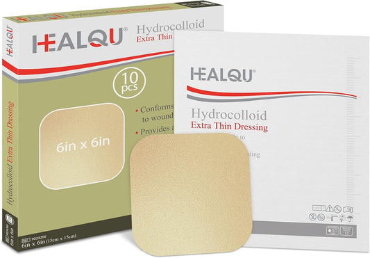 Healqu Hydrocolloid Wound Dressing - 6x6" Thin - Box of 10 Large Bandages - Sterilized Bordered Hydrocolloid Patches for Bed Sores, Abrasions, and More - Waterproof and Absorbent with Protective