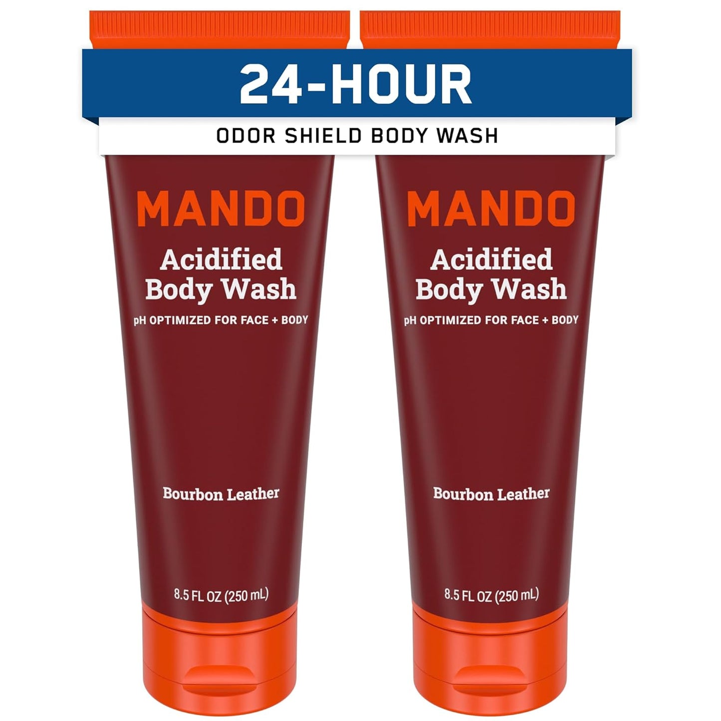 Mando Odor Shield Body Wash - 24 Hour Control - Removes Odor Better than Soap - SLS Free, Paraben Free, Skin Safe - 8.5 Ounce (Pack of 2) (Bourbon Leather)