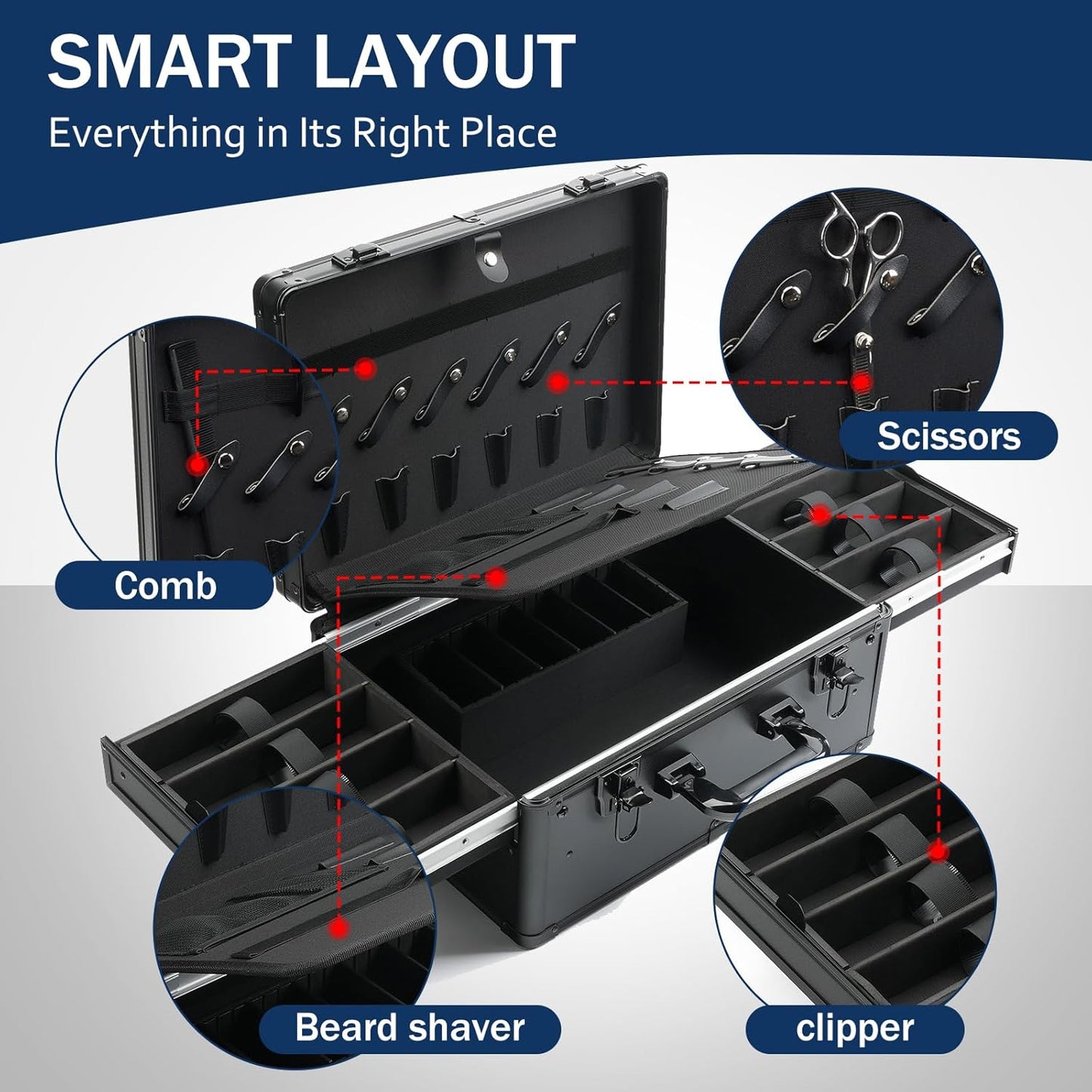 MoyRetty Professional Barber Case, Barber Suitcase 6 Clipper Slots & 8 Shear Holders, 17.13" Portable Aluminum Organizer for Hair Stylists & Pet Groomers-Black
