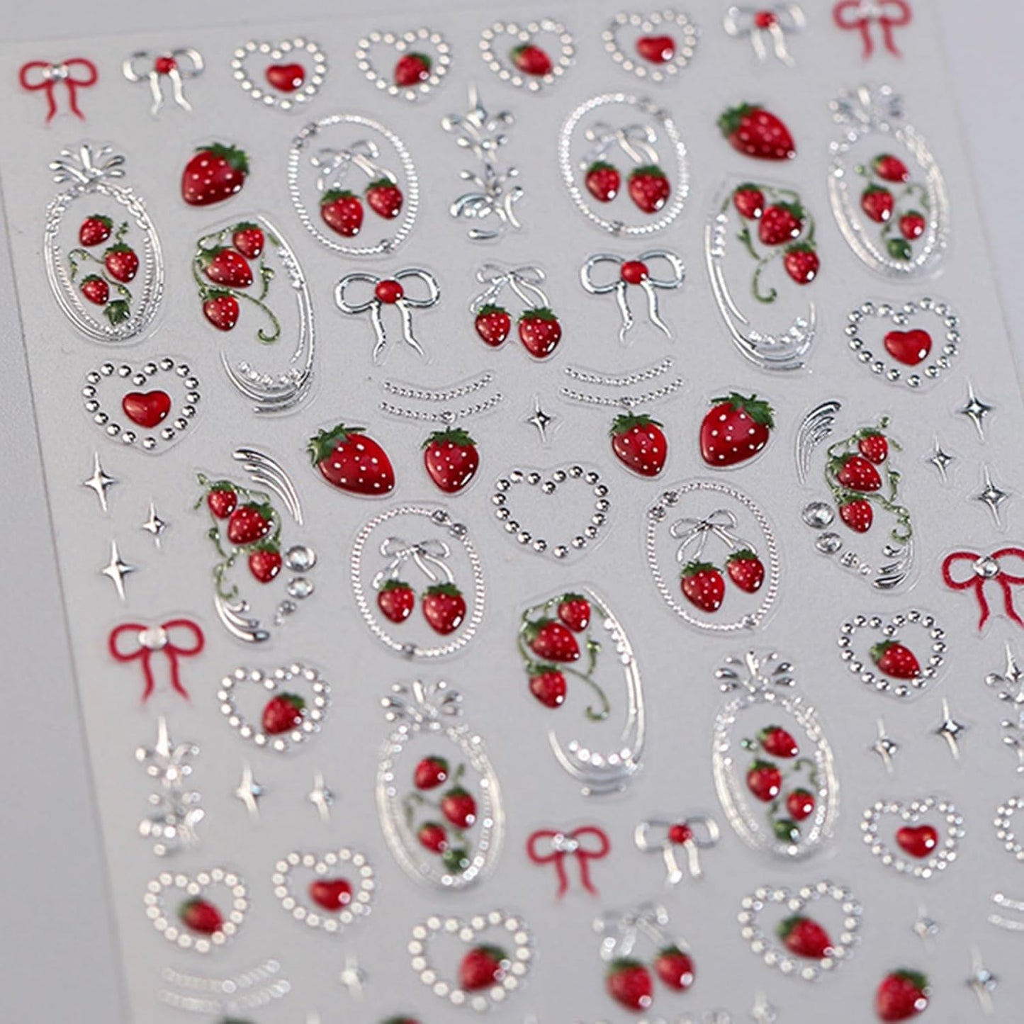 1Sheet Cherry Nail Stickers Summer Nail Decals 5D Embossed Bow Cherry Hot Stamped Gold Bow Heart Shape Star Jelly Design Summer Nails Supplies Pearl Chain Exquisite Nail Decor for Women DIY Manicure