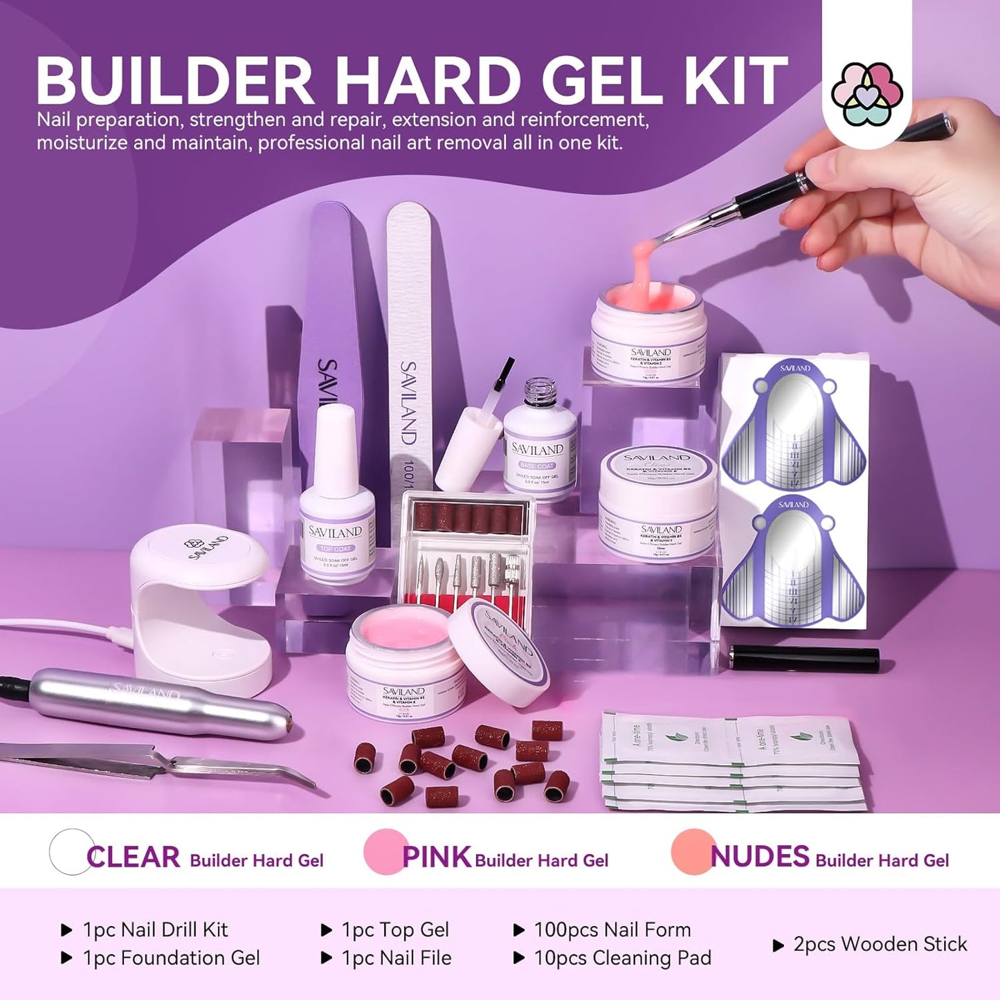 SAVILAND Builder Nail Gel Set with Nail Drill - 3 Pcs Hard Gels(VE&VB5&Kerain) Clear Pink Nudes Builder Nails Gel with Lamp Brush Nails Strengthener Gels for Extension Shaping DIY at Home Salon