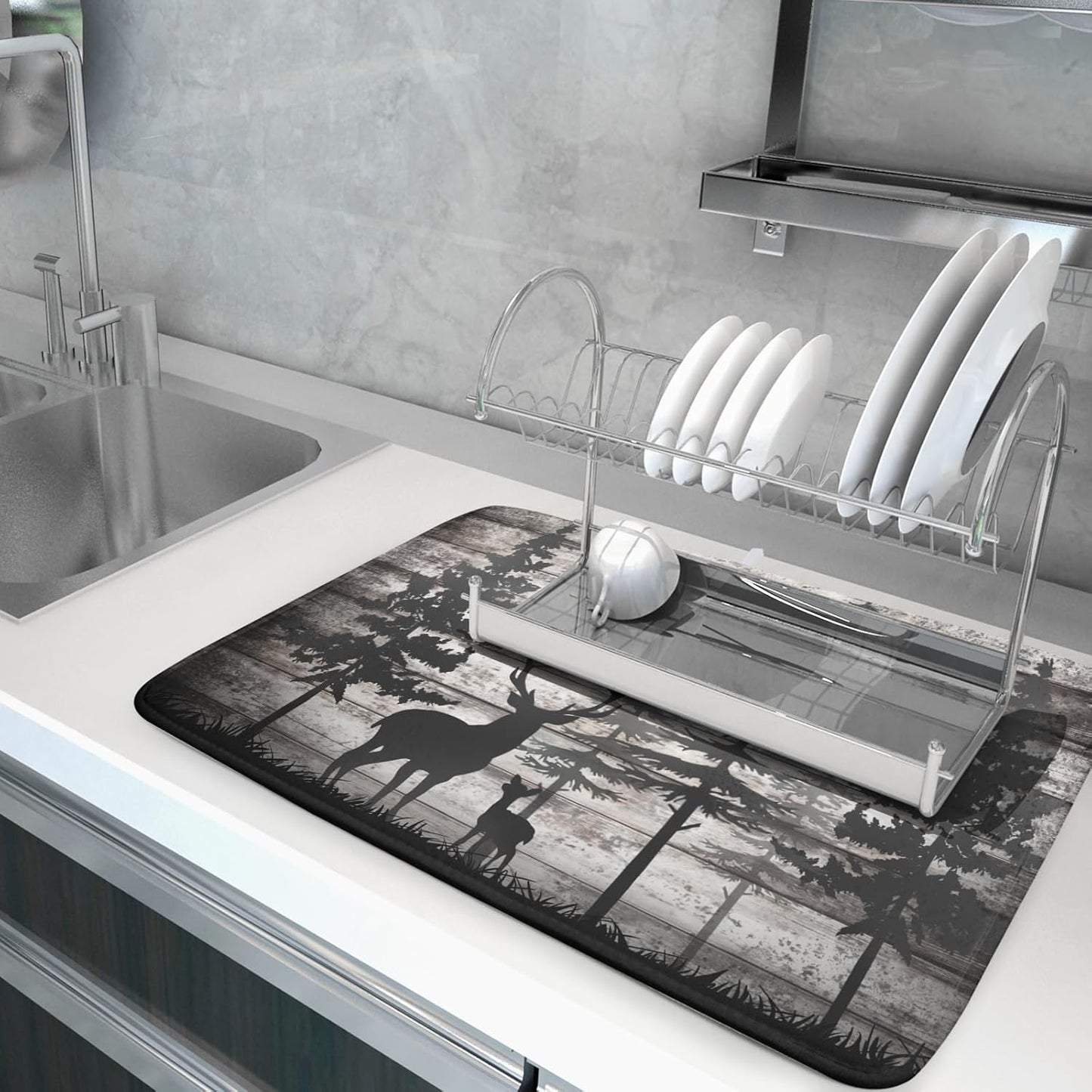 Forest Deer Dish Drying Mat Wildlife Animal Decorative Microfiber Dishes Pad 18x24 Inch Absorbent Reversible Kitchen Counter Drainer Mats