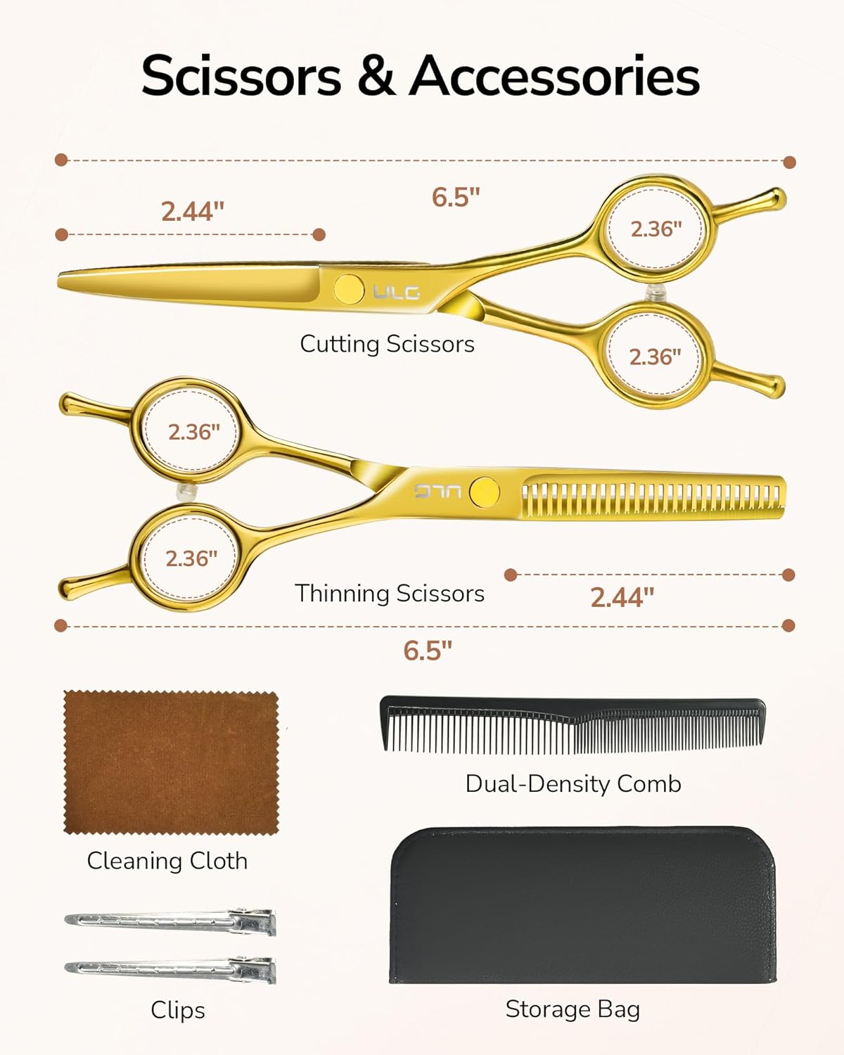 ULG Professional Hair Cutting Scissors Set – 6.5” Japanese Stainless Steel Barber Shears & Thinning Scissors with Comb, Clips & Case – At-Home Salon Haircut Kit Gold