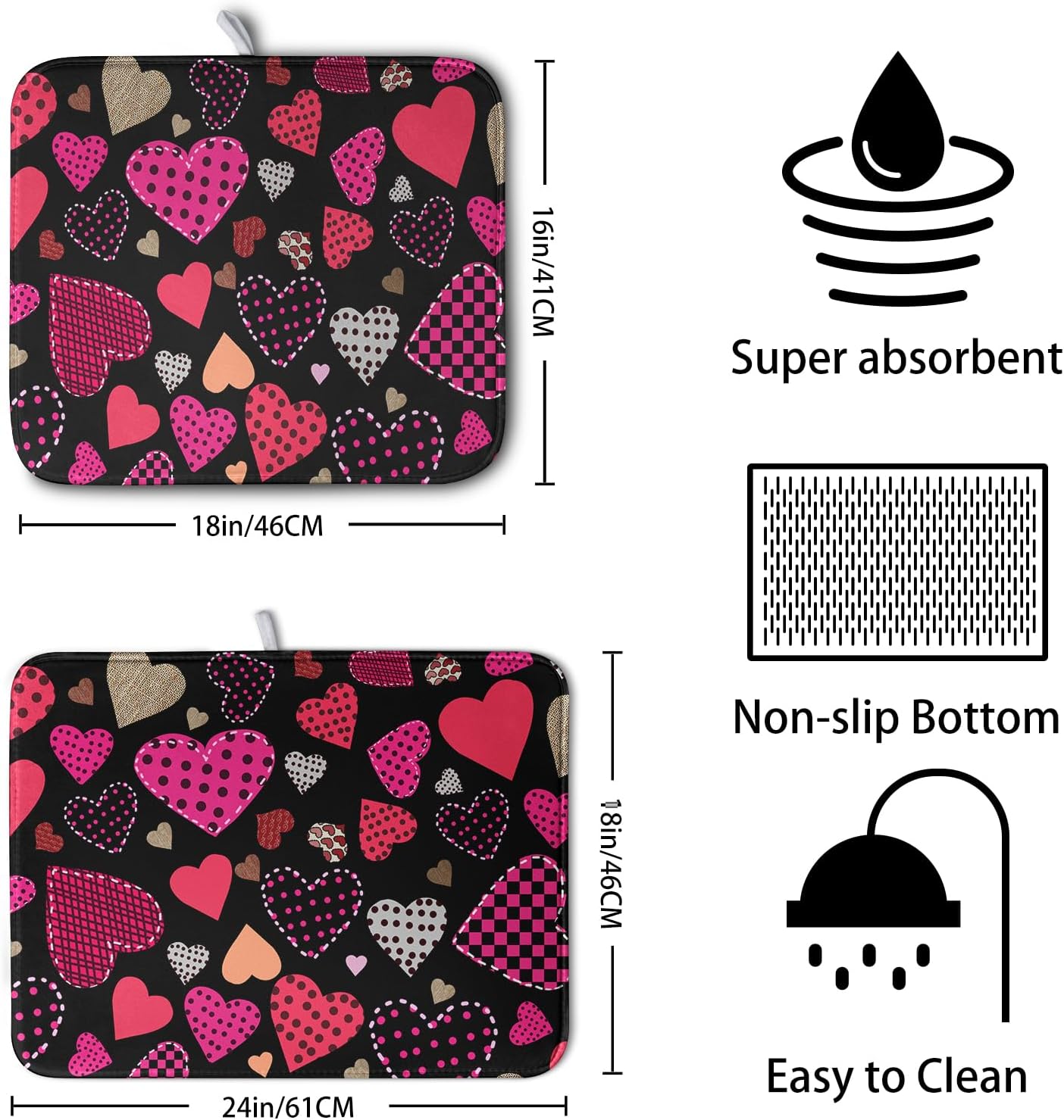 Happy Valentine's Day Kitchen Drying Mats for Dishes 18x24 Inch Love Heart Dish Drying Mat Black Pink Polka Dots Dish Drainer Mat Super Absorbent Dish Rack Pad for Coffee Bar Sinks