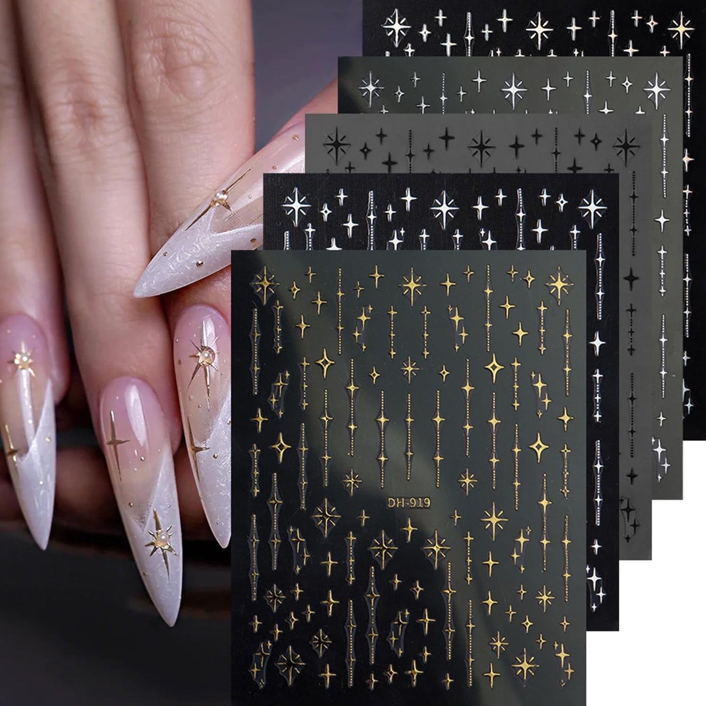 7 Sheets Star Lines Nail Art Stickers Decals Gold Silver Black White Nails Stickers for Nail Art Self-Adhesive Moon Nail Decals