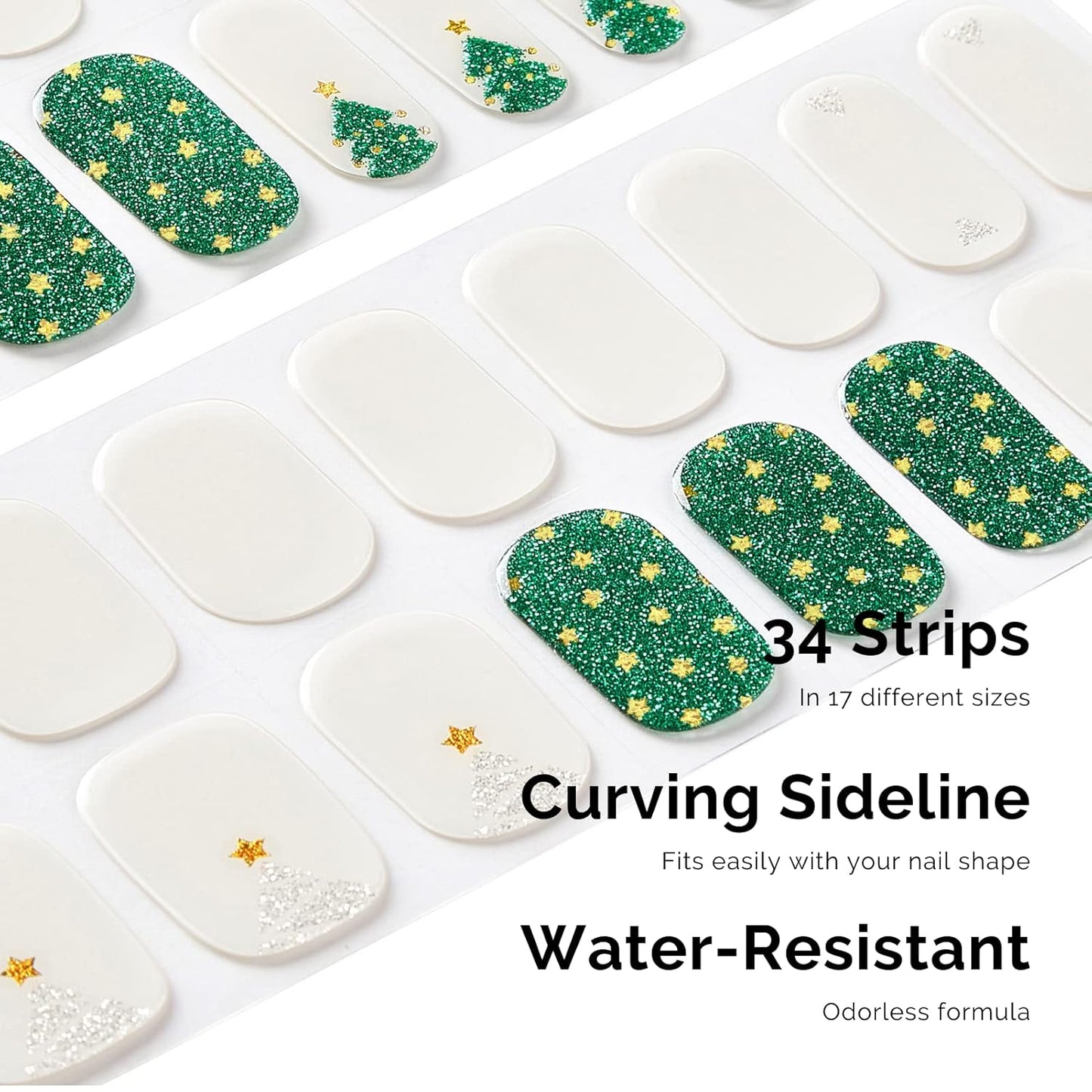 Nailog Semi Cured Gel Nail Strips 34 pcs| Long Lasting Nail Polish Sticker Wraps with Glossy Gel Finish, Twinkling Trees