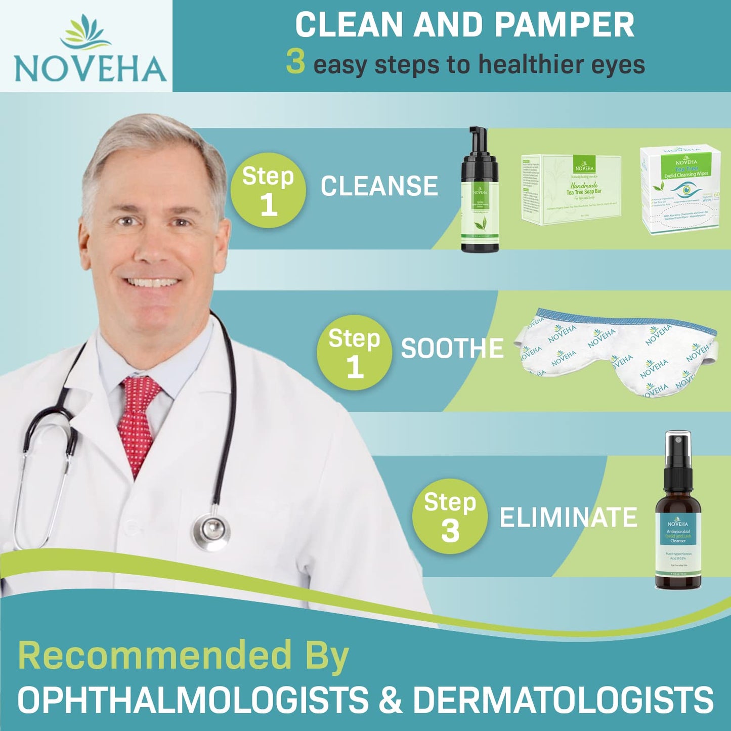 NOVEHA Tea Tree Oil Foaming Gentle Cleanser | Therapeutic Daily Skincare For Eyelash & lids, Eye Irritations, Stye Eyes, Skin Dryness, Moisturize with Organic Ingredients, All Types, 3.38 Ounce