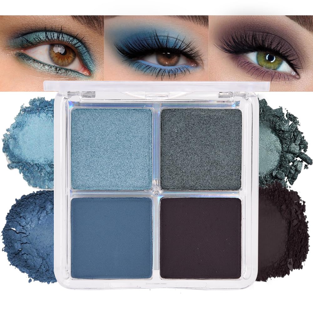 evpct Eyeshadow Quad Palette, Dark Teal Sky Navy Cyan Blue Mauve Purple Taupe Glitter Shimmer Metallic Matte High Pigment Mini Eye Shadow Palette Makeup for older Women Smudge Proof Vegan Cruelty-free