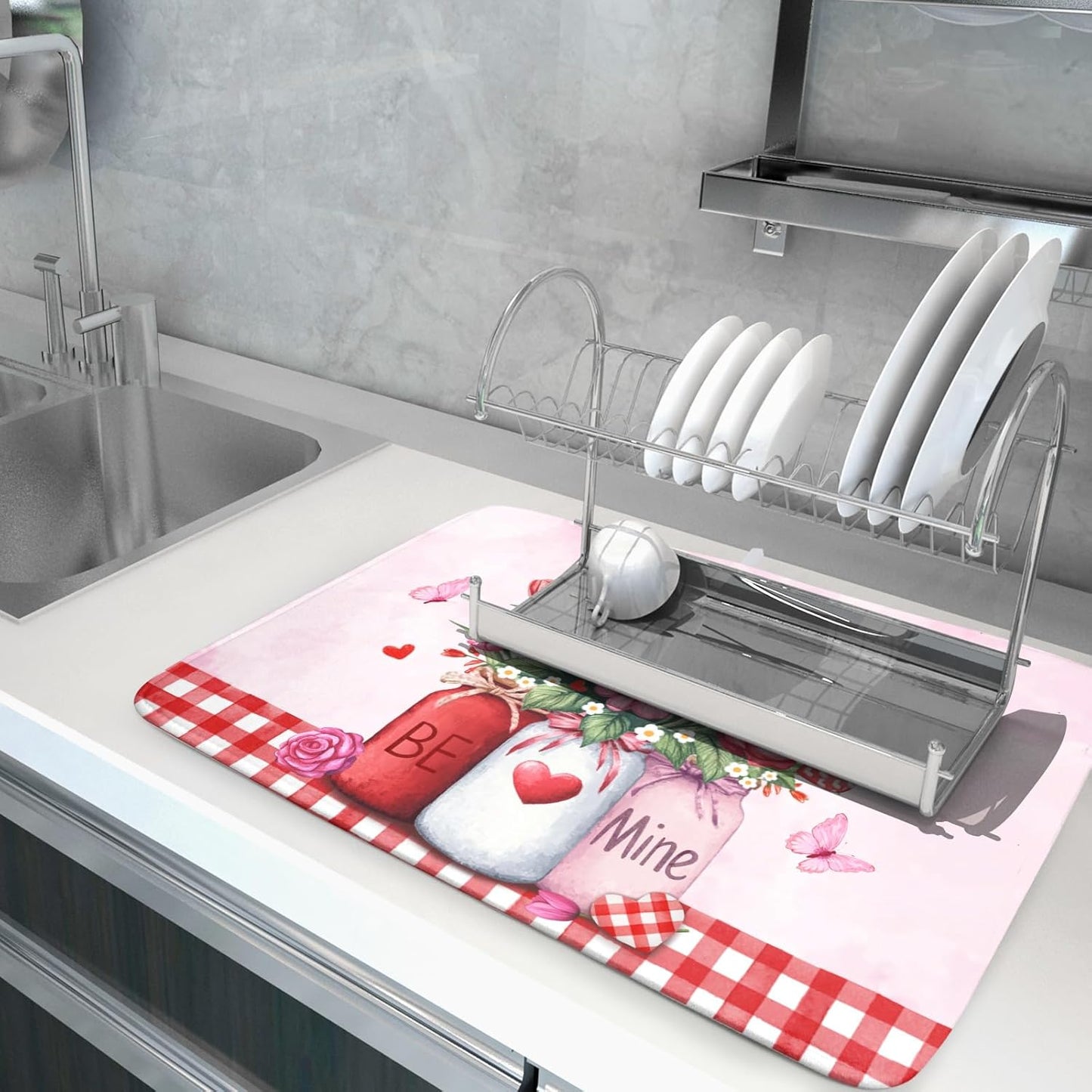 Rose Vase Dish Drying Mat 18x24 inch Romantic Floral Washable Absorbent Dish Dry Pad Fast Dry Drainer Rack Mats Kitchen Counter Accessories