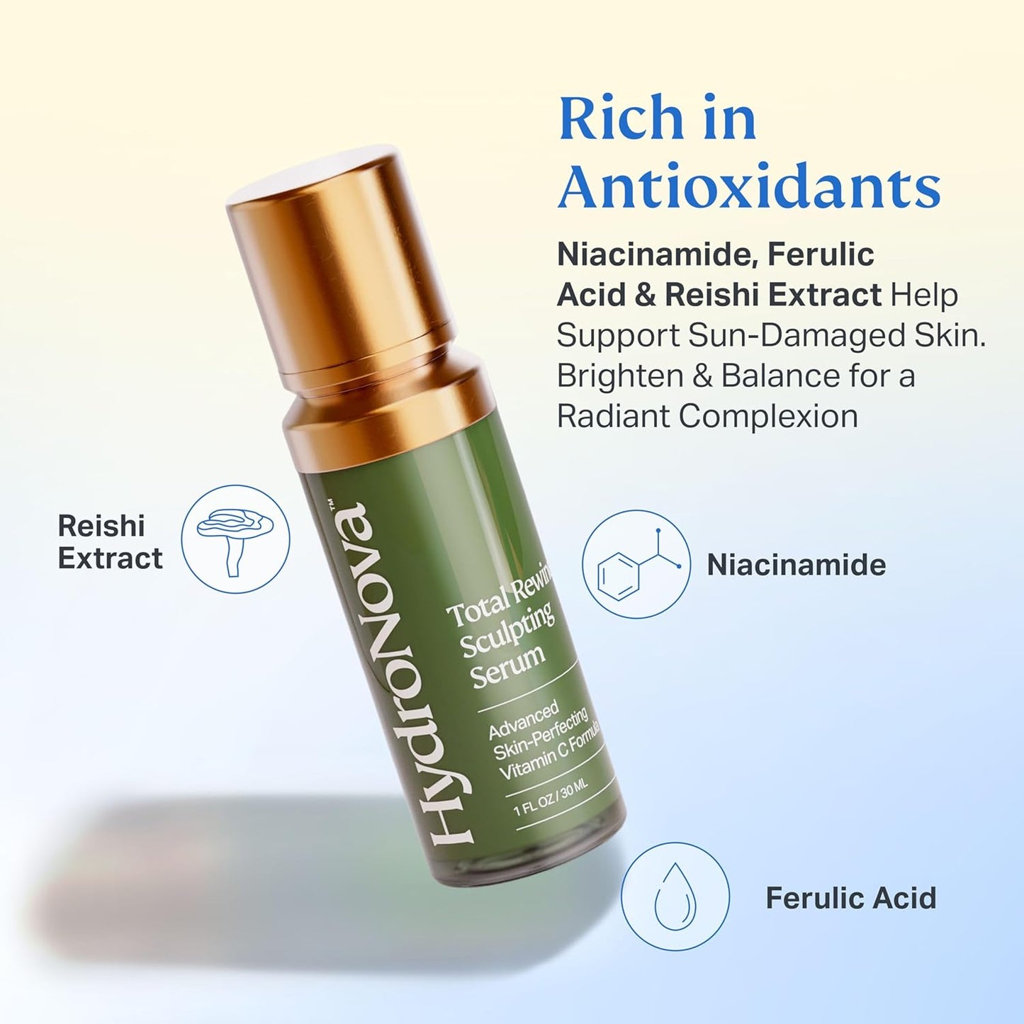 HYDRONOVA Total Rewind Sculpting Serum 1 fl oz | Line-Smoothing, Dark Spot Corrector | Vitamin C, Niacinamide, Kojic Acid, Peptides | Radiant Glow, Balanced Complexion | AM Formula