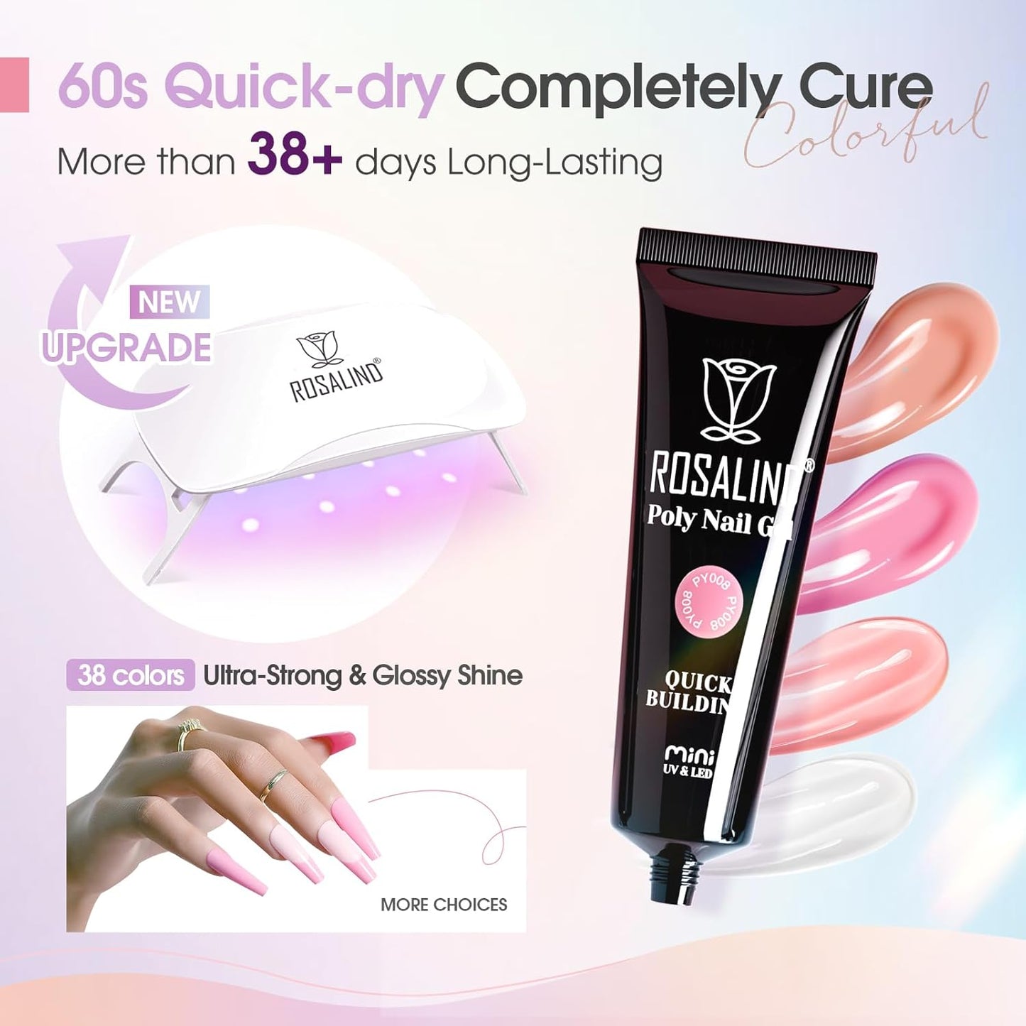 ROSALIND Poly Nail Gel Kit -38 Classic Colors +72 Nail Art Accessories kit Clear Nude Poly Nails Gel Kit Starter Kit with Mini UV Lamp Slip Solution Basic Tools for Beginners with Everything