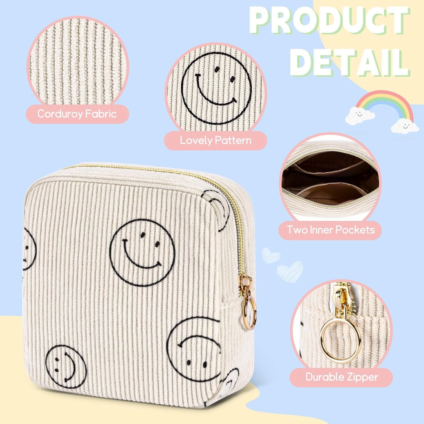 Period Bag for Teen Girls Shark Week Pouch Corduroy Portable Sanitary Pad Bags for Period Teen Period Pads Pouch for Panty Liners, Tampons, Menstrual Cup - Beige