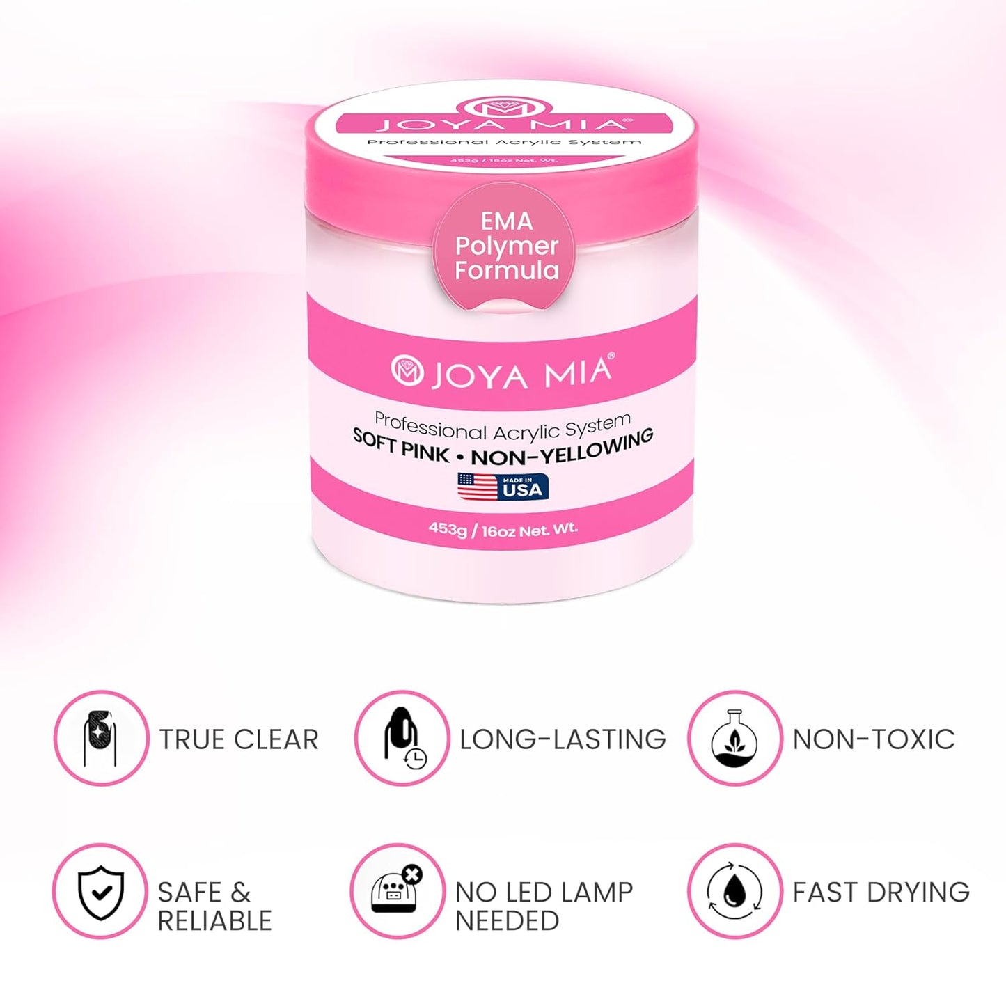 Joya Mia Acrylic Powder for Nails, MMA-Free, Super Adhesion Professional Powder for Flawless & Long-Lasting Nail Enhancements, Easy Application, Vibrant & Stunning Colors - Soft Pink, 5 lbs