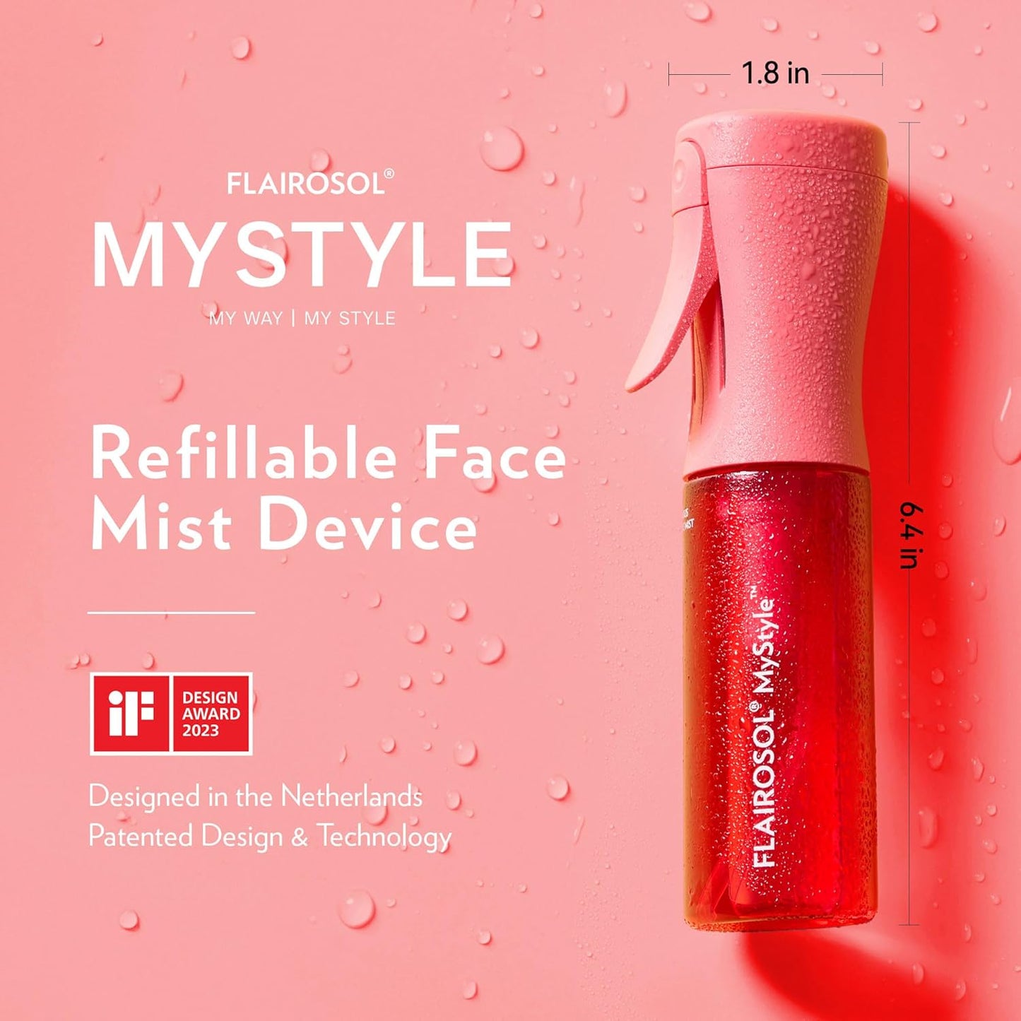 FLAIROSOL MyStyle, Spray Bottle for Hair - Small Travel Spray Bottle, Ultra Fine Continuous Water Mist for Face, Hairstyling, Salon, Cleaning, Beauty, Toners, Hydration & Makeup, 3.04oz / 90ml, Pink