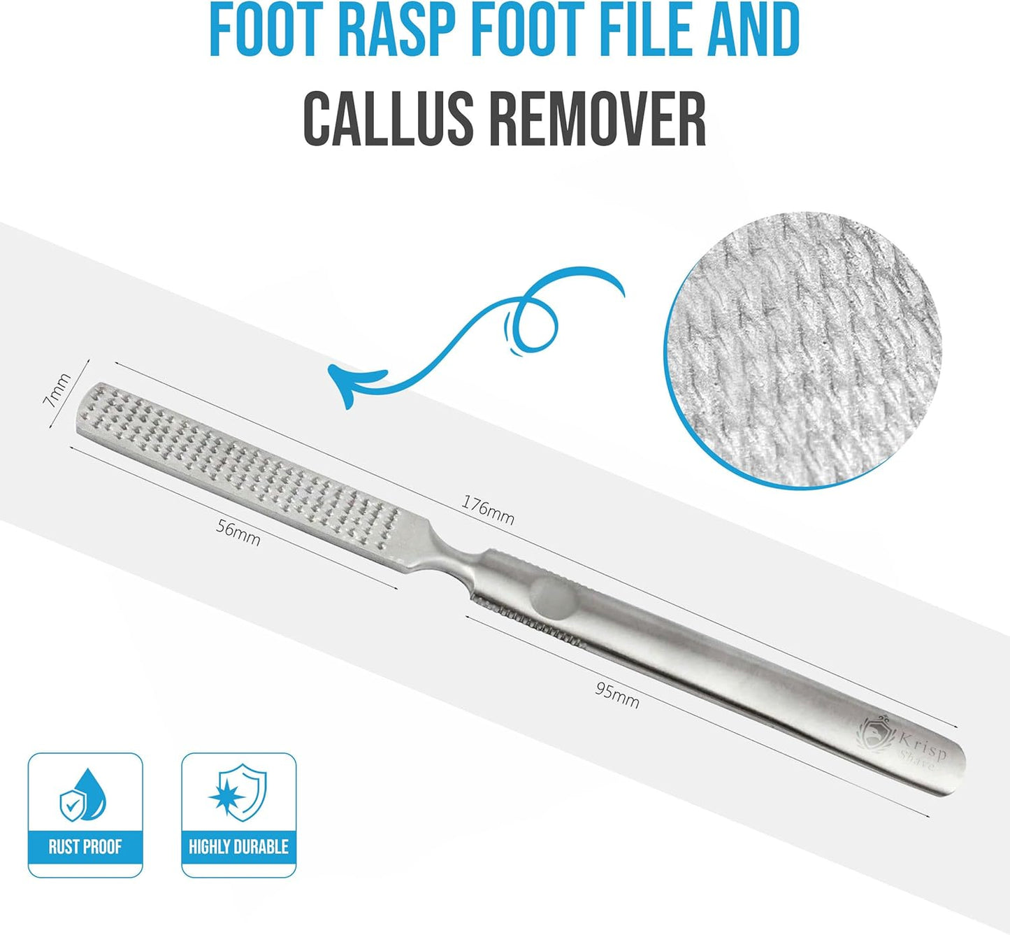 Foot Rasp Foot File Callus Remover Professional 7” Corn Removers for Toes Foot Care Pumice Pedicure Tool to Remove Hard Skin Wet Dry Callus Shaver for Feet, Colossal Stainless Steel by Krisp Beauty