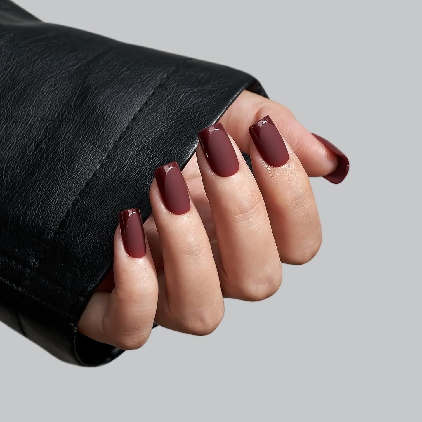 BTArtbox Press on Nails Short Square - Dark Red Nails with Glossy French Tips in a Matte Finish, Soft Gel Fake Nails Glue On Nails in 16 Sizes for for Valentine's Day Gift, Cozy Cocoa